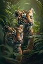 Two tiger cubs in the jungle. Wildlife scene from nature.