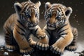 Two tiger cubs playing in the snow on a dark background. Generative AI Royalty Free Stock Photo