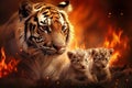 Two tigers briskly walk in front of a raging fire, symbolizing their escape from a dangerous forest blaze