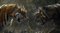 Two Tigers Confronting Each Other in a Dark Forest Royalty Free Stock Photo