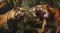 Two Tigers Confronting in Lush Green Jungle Royalty Free Stock Photo