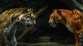 Two Tigers Facing Off in Dark Forest Setting Royalty Free Stock Photo