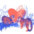 Two tigers in love looking at each other surrounded by exotic plants. Royalty Free Stock Photo