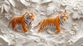 White and Orange Tigers 3D Relief Carving Art, Majestic Big Cats, Floral Background Royalty Free Stock Photo