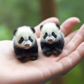 two tiny panda bears sitting on a persons hand