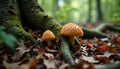 Two Toadstools Growing Near Tree Root in Forest with Fallen Leaves Royalty Free Stock Photo