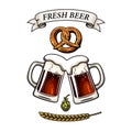 Two toasting beer mugs, Bavarian pretzel, barley ear, hop cone, ribbon banner with text Fresh Beer.Vector illustration.