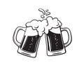 Two toasting beer mugs, Cheers. Clinking glass tankards full of beer and splashed foam. Black and white Royalty Free Stock Photo
