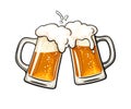 Two Toasting Beer Mugs, Cheers. Clinking Glass Tankards Full Of Beer And Splashed Foam