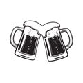 Two toasting beer mugs, Cheers. Clinking glass tankards full of beer and foam. Black and white Royalty Free Stock Photo