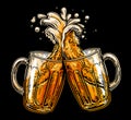 Two toasting beer mugs. Cheers, clinking glass tankards full of beer and splashed foam Royalty Free Stock Photo