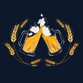 Two toasting beer mugs, Cheers with spikelets . Hand drawn Clinking glass full of beer and splashed foam. Vector Royalty Free Stock Photo