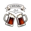 Two toasting beer mugs. Cheers. text on old ribbon banner. Vector illustration isolated on white background Royalty Free Stock Photo