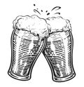 Two toasting beer mugs. Clinking glass tankards full of beer and splashed foam. Cheers sketch illustration Royalty Free Stock Photo