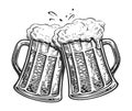 Two toasting beer mugs. Clinking glass tankards full of beer and splashed foam. Cheers, illustration Royalty Free Stock Photo