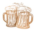 Two toasting beer mugs. Clinking glass tankards full of beer and splashed foam. Cheers, vector illustration Royalty Free Stock Photo