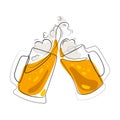 Two toasting beer mugs line drawing Minimal art vector isolated.Mugs with beer color image Royalty Free Stock Photo