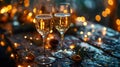 two toasting champagne glasses before countdown clock 2024 on glittering fireworks night sky