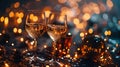 two toasting champagne glasses before countdown clock 2024 on glittering fireworks night sky