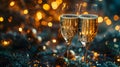 two toasting champagne glasses before countdown clock 2024 on glittering fireworks night sky