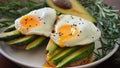 Breakfast sandwich with avocado and fried eggs