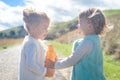 Two toddler girls on country road