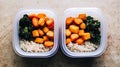 Two Tofu Bowls, Rice, Veggies, Prep, Kitchen Royalty Free Stock Photo
