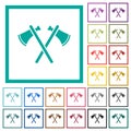 Two tomahawks flat color icons with quadrant frames