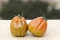 Two tomatoes of a striped variety, typical Valencian tomato