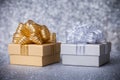 Two tone gift boxs with silver gold ribbon Royalty Free Stock Photo