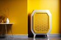 two-tone metal heating radiator with yellow-gold honeycomb insert
