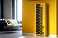 two-tone metal heating radiator with yellow-gold honeycomb insert