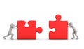 Two toon men connect two puzzle pieces. Concept of business solution, teamwork Royalty Free Stock Photo