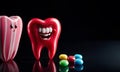 Two tooth figurines with faces and candy on a black surface Royalty Free Stock Photo