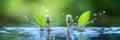 Two toothbrushes with leaves in water creating a splash against a blurred green background Royalty Free Stock Photo