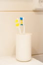 Two toothbrushes in the white box, bathroom Royalty Free Stock Photo