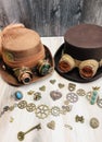 bride & groom steampunk hats, goggles, gears, feather, ribbon