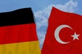 Two torn flags of Russia and Germany, the concept of bad international relations, diplomatic conflict, global world trade, Royalty Free Stock Photo