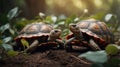 Two Radiated Tortoises Stare at Each Other with a Lush Green Background Royalty Free Stock Photo