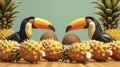 Two toucans using their long beaks to roll coconuts down the bowling lane narrowly avoiding knocking over a pile of Royalty Free Stock Photo