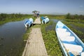 Two tour boats at dock in marsh areas of Lake Naivasha, Great Rift Valley, Kenya, Africa