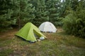 Two tourist tents in the forest. Green and white cover. Active rest in the summer on the nature.