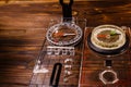 Two magnetic compasses on wooden table Royalty Free Stock Photo