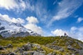 Two tourists stand on the hillside to take panoramic pictures of the Mueller Glacier Royalty Free Stock Photo