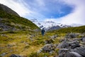 Two tourists are walking to the Kea Point Track in Mount Cook National Park Royalty Free Stock Photo