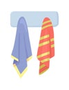 Two towels hanging on a rack, one blue with yellow trim, one red with yellow stripes. Bathroom decor and hygiene vector