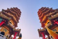 The Two tower of Dragon and Tiger Pagodas on lotus pond in sunset time at Zuoying district Royalty Free Stock Photo