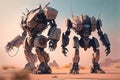 two towering robots, each equipped with advanced weaponry and armor, ready for battle