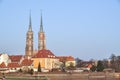 Two towers of the cathedral in Wroclaw in Poland panorama of the city Royalty Free Stock Photo