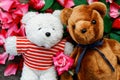 Two Toy bear doll have falling in love with Rose petals background .
